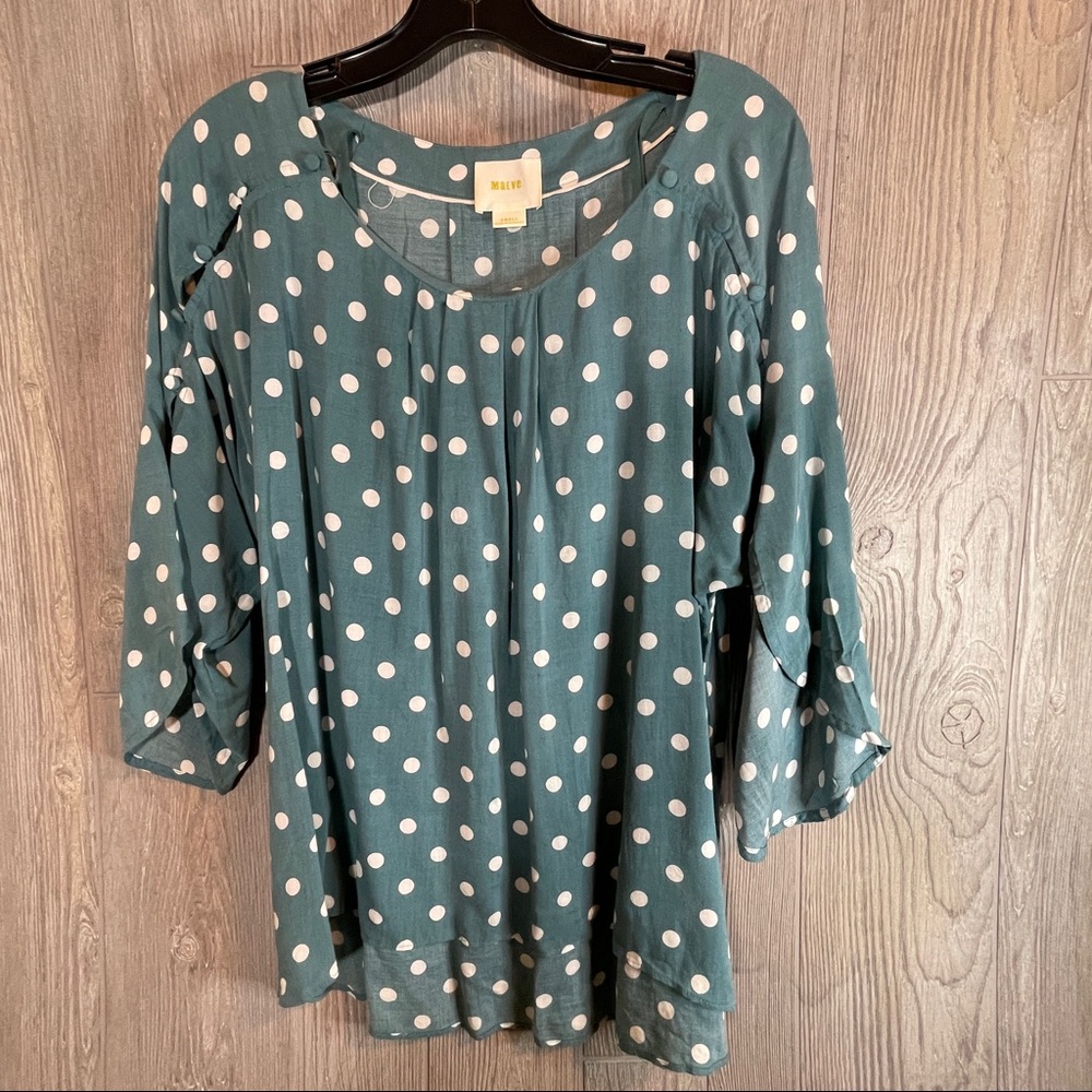 Anthropologie Maeve blue/green polka dot top Size S